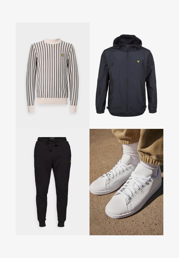 Leichtgewichtige, dunkelblaue Jacke mit Kapuze, Reißverschluss vorne, verstellbaren Kordeln und einem kleinen gelben Logo auf der linken Brust. Strukturiertes Gewebe.; Lyle & Scott VERTICAL STRIPE CREW NECK - Strickpullover - cove; Schwarze Baumwoll-Jogginghosen mit elastischem Bund, Kordelzug und gerippten Bündchen. Mit einem kleinen gelben Logo auf dem linken Oberschenkel.; Weiße Leder-Sneaker mit einer glatten Oberfläche, klassischem Schnürdesign, Perforationen für Atmungsaktivität und einer strukturierten Gummisohle.