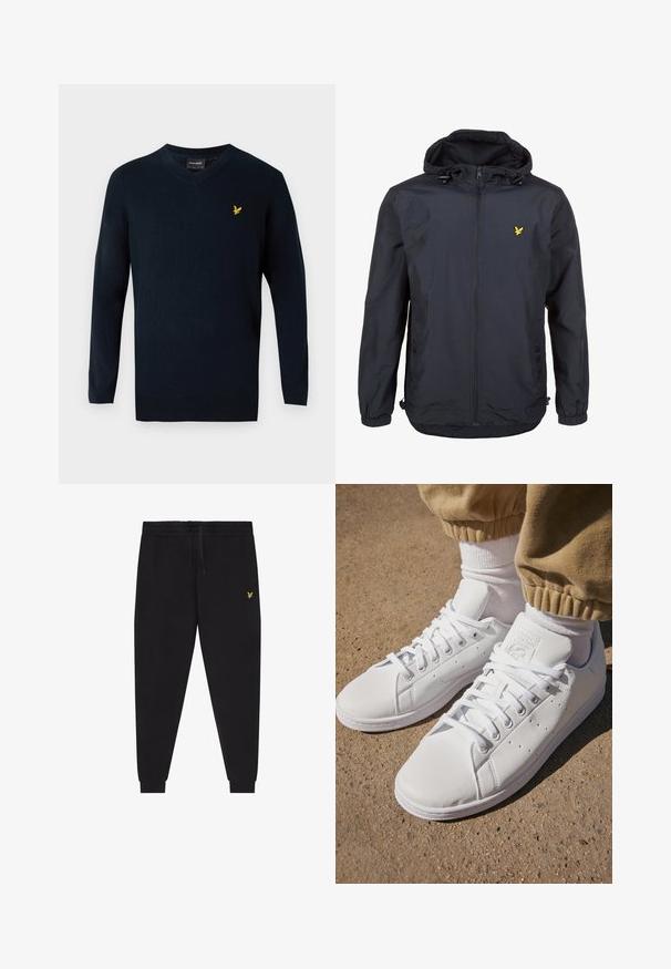 Lahka, temno modra jakna s kapuco, z zadrgo spredaj, nastavljivim vrvico in majhnim rumenim logotipom na levem prsnem delu. Teksturovana tkanina.; Mornarsko modra pulover z V-izrezom, izdelan iz mehkega materiala, z dolgimi rokavi in majhnim žutim vezenim logotipom na levem prsnem delu.; Črne športne hlače z elastiko v pasu in vrvico za zategovanje, zožene nogavice s patentnim robom ter majhen rumen vezen logotip na desnem stegnu.; Beli usnjeni športni copati s gladko površino, z brezčasnim vezalnim dizajnom, perforacijami za zračnost in teksturiranim gumiranim podplatom.