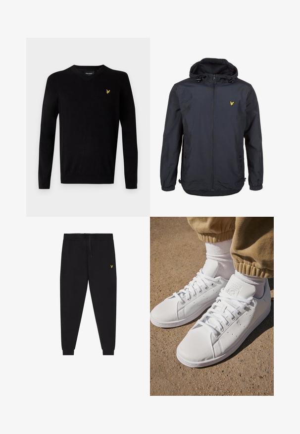 Casaco leve, de um tom azul marinho escuro, com capuz, fecho éclair na frente, cordões ajustáveis e um pequeno logótipo amarelo no lado esquerdo do peito. Tecido texturizado.; Sweater preto em malha suave, com decote em V e mangas longas, apresentando um logo amarelo bordado no lado esquerdo do peito. Design simples.; Calças jogger pretas com cintura elástica e cordão, pernas afuniladas com punhos e pequeno logótipo amarelo bordado na coxa direita.; Sapatilhas brancas de couro com uma superfície suave, apresentando um design clássico com atacadores, perfurações para respirabilidade e uma sola de borracha texturizada.