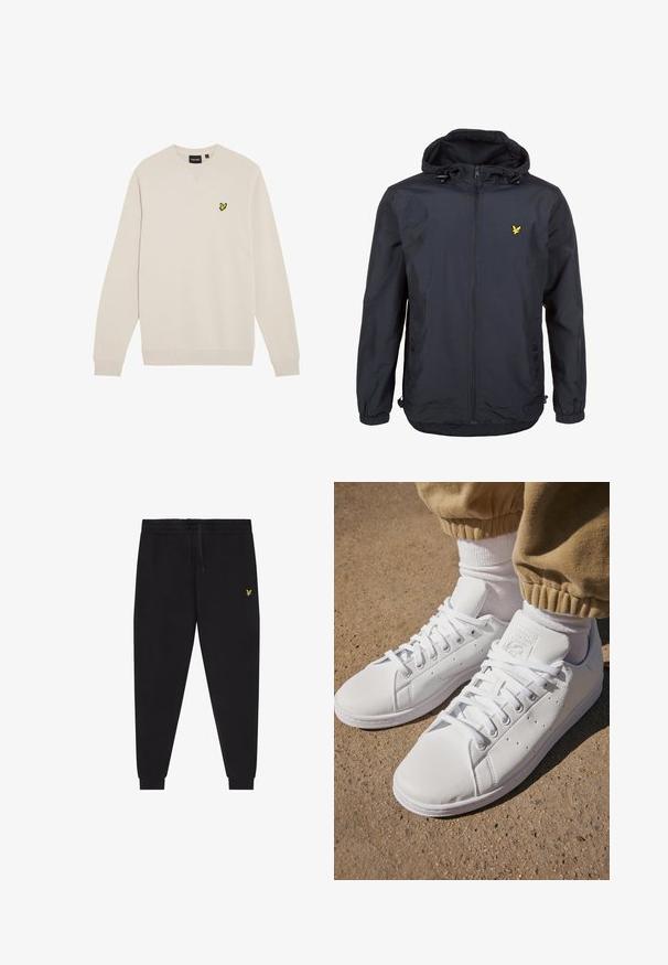 Könnyű, sötét navy kék dzseki kapucnival, cipzáras elejével, állítható zsinórokkal és egy kis sárga logóval a bal mellrészen. Texturált anyag.; Világos bézs pulóver hosszú ujjal, V-nyakú kialakítással, bordázott mandzsettákkal és szegéllyel. A mellrészen apró sárga madár logóval.; Fekete melegítőnadrág rugalmas derékpánttal és húzózsinórral, szűkített szárak mandzsettákkal, valamint kis sárga hímzett logóval a jobb combon.; Fehér bőr sportcipők sima felülettel, klasszikus fűzős kialakítással, perforációkkal a légáteresztés érdekében és texturált gumitalppal.