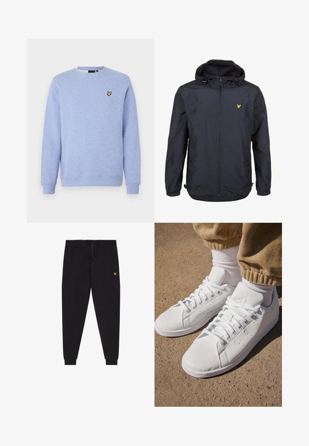 Jachetă ușoară, de culoare albastru închis, cu glugă, deschidere cu fermoar, șnururi ajustabile și un mic logo galben pe pieptul stâng. Material texturat.; Sweatshirt de culoare albastru deschis, fabricat dintr-un material moale. Prezintă manșete și un tiv ribbate, cu un mic logo brodat galben pe piept.; Pantaloni jogger negri cu talie elastică și șnur, picioare conice cu manșete și un mic logo brodat galben pe coapsa dreaptă.; Adidași din piele albă cu o suprafață netedă, având un design clasic cu șireturi, perforații pentru ventilație și o talpă exterioară din cauciuc texturat.