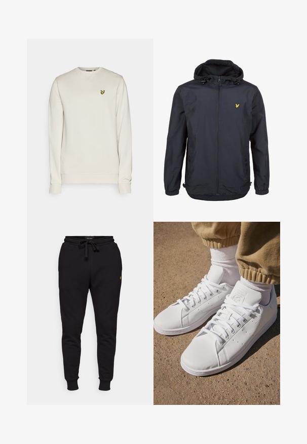 Giacca leggera di un elegante blu navy scuro con cappuccio, chiusura con zip, cordini regolabili e un piccolo logo giallo sul petto sinistro. Tessuto testurizzato.; Felpa beige chiaro realizzata in tessuto morbido, con scollatura a girocollo e maniche lunghe. Presenta un piccolo emblema di un uccellino nero e giallo sul petto.; Pantaloni jogger neri in cotone con vita elastica, cordoncino e polsini a coste. Presentano un piccolo logo giallo sulla coscia sinistra.; Sneakers bianchi in pelle con superficie liscia, caratterizzati da un classico design con lacci, perforazioni per la traspirabilità e una suola in gomma testurizzata.