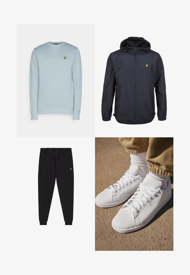 Lehká, tmavě modrá bunda s kapucí, zipem vpředu, nastavovacími šňůrkami a malým žlutým logem na levé hrudi. Texturovaná tkanina.; Světle modrá mikina vyrobená z měkkého materiálu, s žebrovaným výstřihem a manžetami, a malým žlutým logem motýla na hrudi.; Černé teplákové kalhoty s elastickým pasem a stahovací šňůrkou, zúžené nohavice s manžetami a malým žlutým vyšívaným logem na pravém stehně.; Bílé kožené tenisky s hladkým povrchem, které mají klasický design na šněrování, perforace pro prodyšnost a jemně strukturovanou gumovou podrážku.