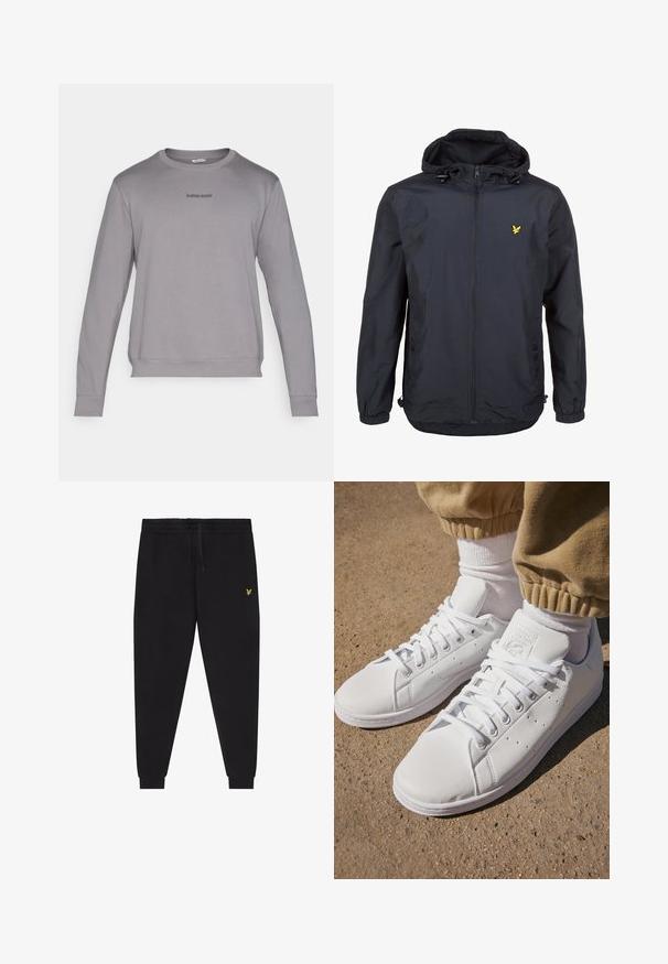 Casaco leve, de um tom azul marinho escuro, com capuz, fecho éclair na frente, cordões ajustáveis e um pequeno logótipo amarelo no lado esquerdo do peito. Tecido texturizado.; Sweatshirt cinza de manga longa com colarinho redondo, punhos e bainha canelados. Apresenta um pequeno logótipo "BJÖRN BORG" em cinza escuro no peito. Tecido macio.; Calças jogger pretas com cintura elástica e cordão, pernas afuniladas com punhos e pequeno logótipo amarelo bordado na coxa direita.; Sapatilhas brancas de couro com uma superfície suave, apresentando um design clássico com atacadores, perfurações para respirabilidade e uma sola de borracha texturizada.