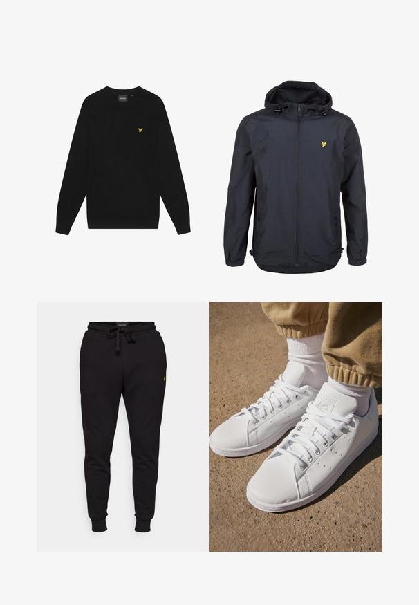 Casaco leve, de um tom azul marinho escuro, com capuz, fecho éclair na frente, cordões ajustáveis e um pequeno logótipo amarelo no lado esquerdo do peito. Tecido texturizado.; Sweatshirt de algodão preto com mangas longas e decote redondo. Apresenta um pequeno logótipo de águia amarela no peito. Textura suave.; Calças de jogging de algodão pretas com cintura elástica, cordão e punhos canelados. Apresenta um pequeno logo amarelo na coxa esquerda.; Sapatilhas brancas de couro com uma superfície suave, apresentando um design clássico com atacadores, perfurações para respirabilidade e uma sola de borracha texturizada.