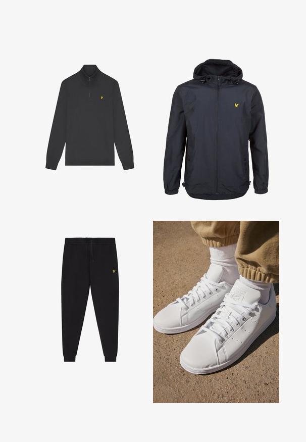 Lichte, donkerblauwe jas met capuchon, ritssluiting aan de voorkant, verstelbare trekkoorden en een klein geel logo op de linkerborst. Gestructureerde stof.; Zwarte zip-up hoodie van zachte stof met een staande kraag en geribde manchetten. Klein geel logo op de linkerborst. Over het algemeen een gladde textuur.; Zwarte joggingsbroek met elastische taille en trekkoord, taps toelopende pijpen met boorden en een klein geel geborduurd logo op de rechterdij.; Witte leren sneakers met een gladde oppervlakte, met een klassieke vetersluiting, perforaties voor ademend vermogen en een gestructureerde rubberen buitenzool.