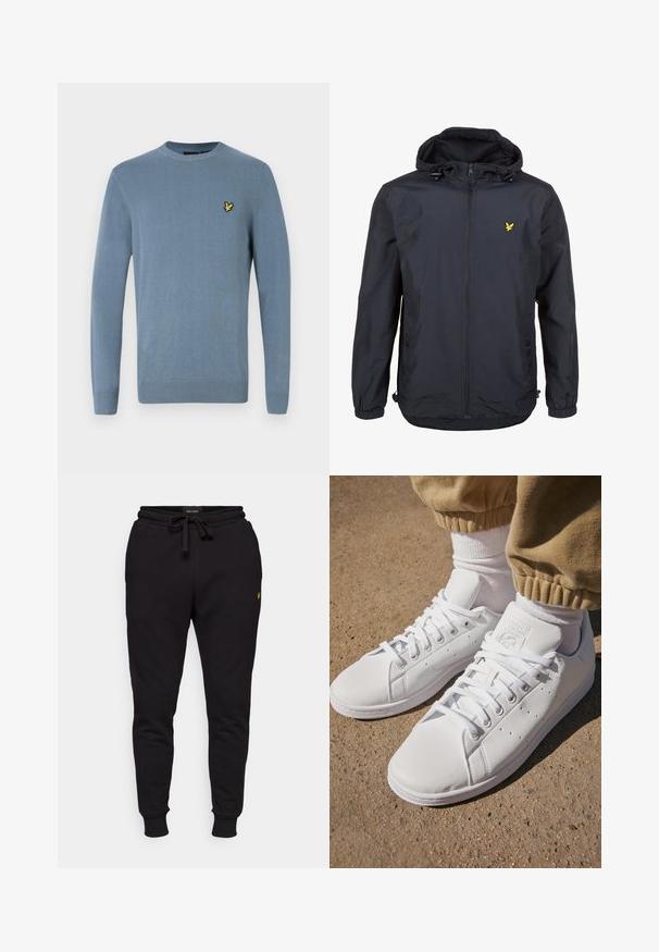 Casaco leve, de um tom azul marinho escuro, com capuz, fecho éclair na frente, cordões ajustáveis e um pequeno logótipo amarelo no lado esquerdo do peito. Tecido texturizado.; Pullover de malha azul claro com decote careca, punhos canelados e um pequeno logotipo de um pássaro amarelo no lado esquerdo do peito.; Calças de jogging de algodão pretas com cintura elástica, cordão e punhos canelados. Apresenta um pequeno logo amarelo na coxa esquerda.; Sapatilhas brancas de couro com uma superfície suave, apresentando um design clássico com atacadores, perfurações para respirabilidade e uma sola de borracha texturizada.