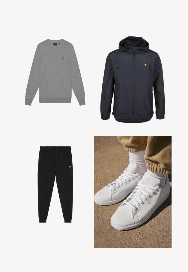 Lightweight, dark navy jacket with a hood, zippered front, adjustable drawstrings, and a small yellow logo on the left chest. Textured fabric.; Gray sweater with long sleeves, crew neck, and ribbed cuffs. Features a small yellow embroidered logo on the left chest. Made from soft fabric.; Black jogger pants with elastic waistband and drawstring, tapered legs with cuffs, and small yellow embroidered logo on right thigh.; White leather sneakers with a smooth surface, featuring a classic lace-up design, perforations for breathability, and a textured rubber outsole.