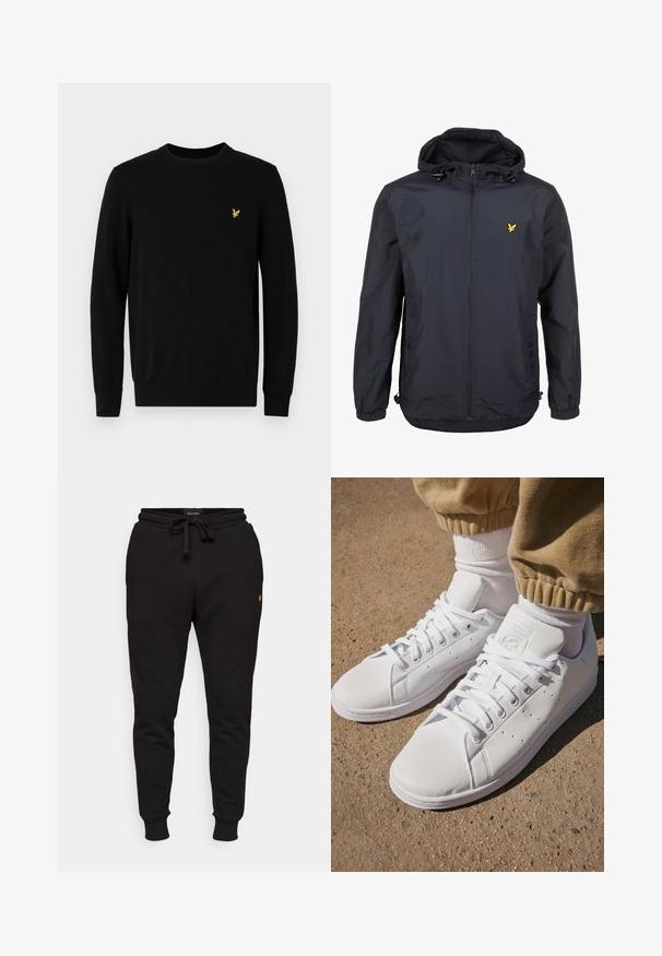 Casaco leve, de um tom azul marinho escuro, com capuz, fecho éclair na frente, cordões ajustáveis e um pequeno logótipo amarelo no lado esquerdo do peito. Tecido texturizado.; Sweater preto de gola redonda feito de material suave. Apresenta mangas longas e um pequeno logótipo amarelo no lado esquerdo do peito. Ajustado na cintura.; Calças de jogging de algodão pretas com cintura elástica, cordão e punhos canelados. Apresenta um pequeno logo amarelo na coxa esquerda.; Sapatilhas brancas de couro com uma superfície suave, apresentando um design clássico com atacadores, perfurações para respirabilidade e uma sola de borracha texturizada.