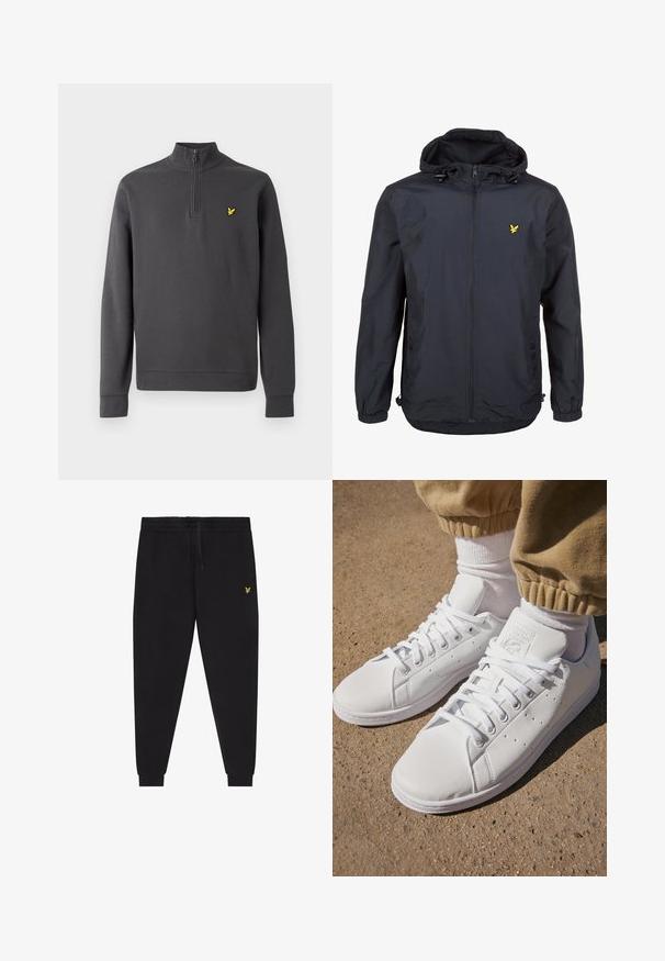 Lightweight, dark navy jacket with a hood, zippered front, adjustable drawstrings, and a small yellow logo on the left chest. Textured fabric.; Dark gray long-sleeve pullover with quarter zipper and small yellow bird logo embroidered on the left chest.; Black jogger pants with elastic waistband and drawstring, tapered legs with cuffs, and small yellow embroidered logo on right thigh.; White leather sneakers with a smooth surface, featuring a classic lace-up design, perforations for breathability, and a textured rubber outsole.