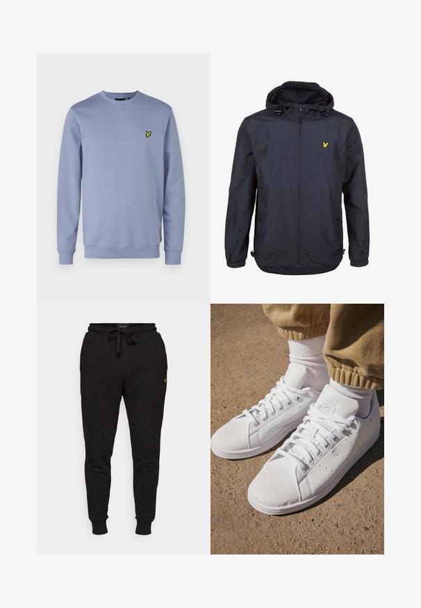 Könnyű, sötét navy kék dzseki kapucnival, cipzáras elejével, állítható zsinórokkal és egy kis sárga logóval a bal mellrészen. Texturált anyag.; Lyle & Scott CREW NECK - Melegítőfelső - crafted blue; Fekete pamut jogger nadrág rugalmas derékkal, zsinórral és bordázott mandzsettákkal. Bal combján egy kis sárga logó található.; Fehér bőr sportcipők sima felülettel, klasszikus fűzős kialakítással, perforációkkal a légáteresztés érdekében és texturált gumitalppal.