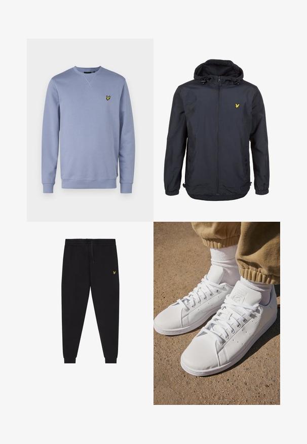 Lehká, tmavě modrá bunda s kapucí, zipem vpředu, nastavovacími šňůrkami a malým žlutým logem na levé hrudi. Texturovaná tkanina.; Lyle & Scott Mikina - crafted blue; Černé teplákové kalhoty s elastickým pasem a stahovací šňůrkou, zúžené nohavice s manžetami a malým žlutým vyšívaným logem na pravém stehně.; Bílé kožené tenisky s hladkým povrchem, které mají klasický design na šněrování, perforace pro prodyšnost a jemně strukturovanou gumovou podrážku.