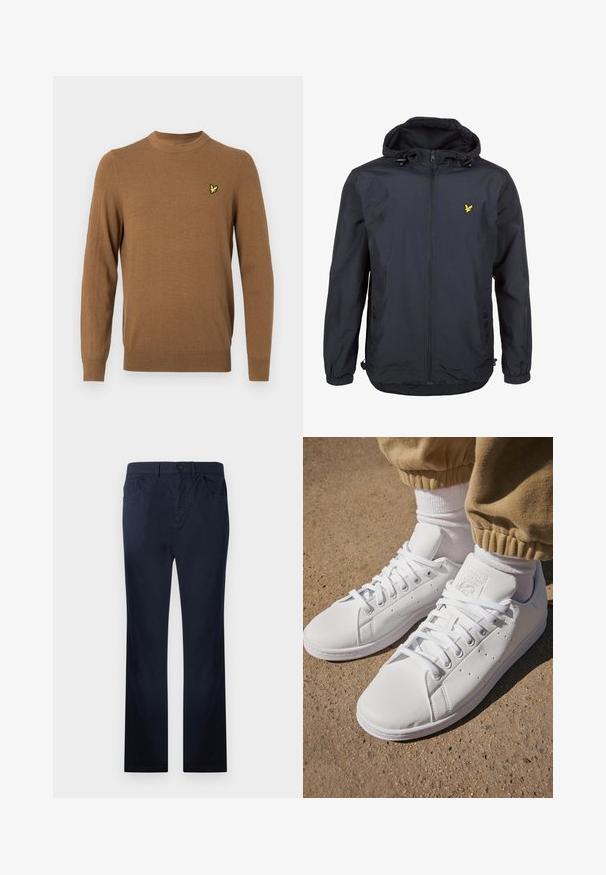 Lättviktsjacka i mörk marinblått med huva, zippered front, justerbara dragsnören och en liten gul logotyp på vänster bröst. Strukturerad tyg.; Brun stickad tröja med långa ärmar, rund halsringning och en liten gul logotyp på bröstet. Mjuk textur och klassisk passform.; Mörkblå bomullsbyxor med rak passform, utrustade med fickor fram och bak, dragkedja och en enkel knappstängning.; Vita lädersneakers med en slät yta, med en klassisk snörningsdesign, perforeringar för andningsförmåga och en texturerad gummisula.
