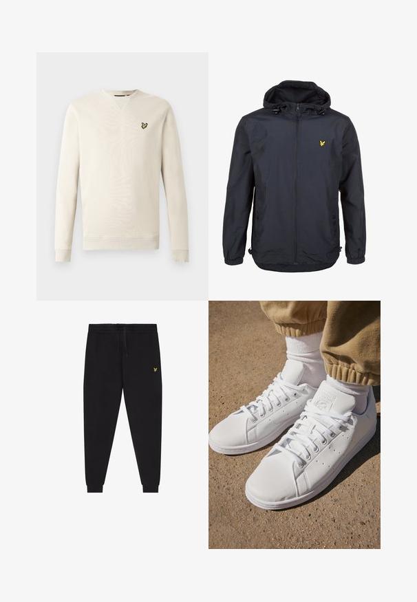 Ľahká, tmavomodrá bunda s kapucňou, zipsom na prednej strane, nastaviteľnými šnúrkami a malým žltým logom na ľavej strane hrude. Štruktúrovaná tkanina.; Svetlo béžová mikina s dlhými rukávmi, rebrovanými manžetami a golierom. Na ľavej strane na hrudi je malý čierny a žltý vtáčí znak. Mäkká textúra.; Čierne jogger nohavice s elastickým pásom a šnúrkou, zúžené nohavice so lemami a malým žltým vyšívaným logom na pravom stehne.; Biele kožené tenisky s hladkým povrchom, disponujú klasickým šnurovacím dizajnom, perforáciami na priedušnosť a textúrovanou gumovou podrážkou.
