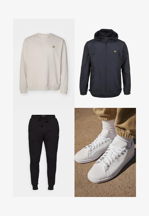 Lahka, temno modra jakna s kapuco, z zadrgo spredaj, nastavljivim vrvico in majhnim rumenim logotipom na levem prsnem delu. Teksturovana tkanina.; Svetlo bež majica s kapuco z dolgimi rokavi, okroglo ovratnikom in majhnim rumenim vezenim logotipom na levem prsnem predelu. Narejena iz mehkega blaga.; Črne bombažne hlače za prosti čas z elastičnim pasom, vrvico in rebrastimi manšeti. Imajo majhen rumen logotip na levem stegnu.; Beli usnjeni športni copati s gladko površino, z brezčasnim vezalnim dizajnom, perforacijami za zračnost in teksturiranim gumiranim podplatom.