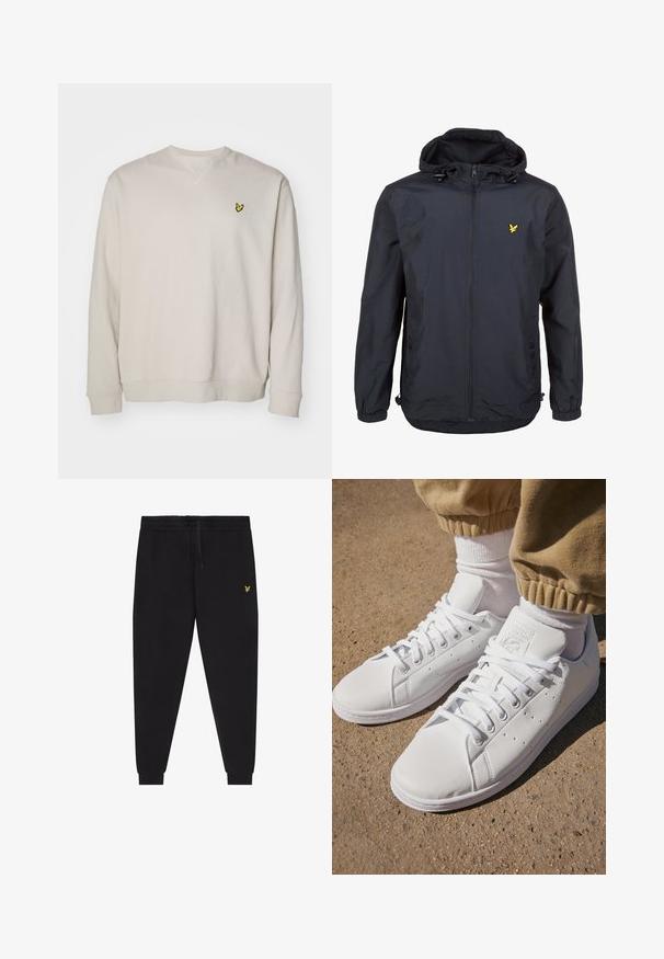 Casaco leve, de um tom azul marinho escuro, com capuz, fecho éclair na frente, cordões ajustáveis e um pequeno logótipo amarelo no lado esquerdo do peito. Tecido texturizado.; Sweatshirt beje claro com mangas compridas, decote redondo e um pequenologótipo amarelo bordado no lado esquerdo do peito. Feito de tecido macio.; Calças jogger pretas com cintura elástica e cordão, pernas afuniladas com punhos e pequeno logótipo amarelo bordado na coxa direita.; Sapatilhas brancas de couro com uma superfície suave, apresentando um design clássico com atacadores, perfurações para respirabilidade e uma sola de borracha texturizada.