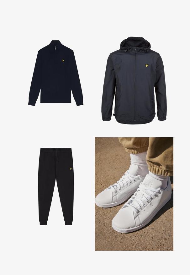 Lichte, donkerblauwe jas met capuchon, ritssluiting aan de voorkant, verstelbare trekkoorden en een klein geel logo op de linkerborst. Gestructureerde stof.; Navy blauwe pullover met een ritssluiting bij de kraag, gemaakt van een zachte katoenen mix, met een klein geel logo op de borst en ribgebreide manchetten.; Zwarte joggingsbroek met elastische taille en trekkoord, taps toelopende pijpen met boorden en een klein geel geborduurd logo op de rechterdij.; Witte leren sneakers met een gladde oppervlakte, met een klassieke vetersluiting, perforaties voor ademend vermogen en een gestructureerde rubberen buitenzool.