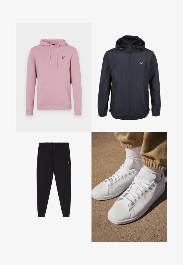 Leichtgewichtige, dunkelblaue Jacke mit Kapuze, Reißverschluss vorne, verstellbaren Kordeln und einem kleinen gelben Logo auf der linken Brust. Strukturiertes Gewebe.; Rosa Baumwoll-Hoodie mit Kängurutasche, Kapuze mit Kordelzug und kleinem gelben Logo auf der linken Brust. Weiche Textur, lässiges Design.; Schwarze Jogginghose mit elastischem Bund und Kordelzug, zulaufenden Beinen mit Bündchen und kleinem gelben gesticktem Logo am rechten Oberschenkel.; Weiße Leder-Sneaker mit einer glatten Oberfläche, klassischem Schnürdesign, Perforationen für Atmungsaktivität und einer strukturierten Gummisohle.