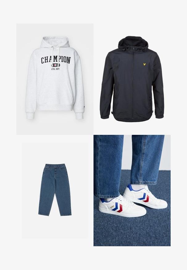 Chaqueta ligera de color azul marino oscuro con capucha, cierre frontal con cremallera, cordones ajustables y un pequeño logo amarillo en el lado izquierdo del pecho. Tejido texturizado.; Sudadera gris claro con un bolsillo frontal, capucha ajustable con cordón, y un gráfico negro que dice "CAMPEON DEPORTIVO" en el pecho. Textura suave.; Vaqueros de denim azul con un corte relajado, cintura alta, diseño de cinco bolsillos y acentos de costura. Cuenta con un cierre de botón y cremallera.; Zapatillas blancas con acentos en chevron azul y rojo, cuero texturizado, punta redonda y suela de goma plana, combinadas con pantalones de mezclilla azul.