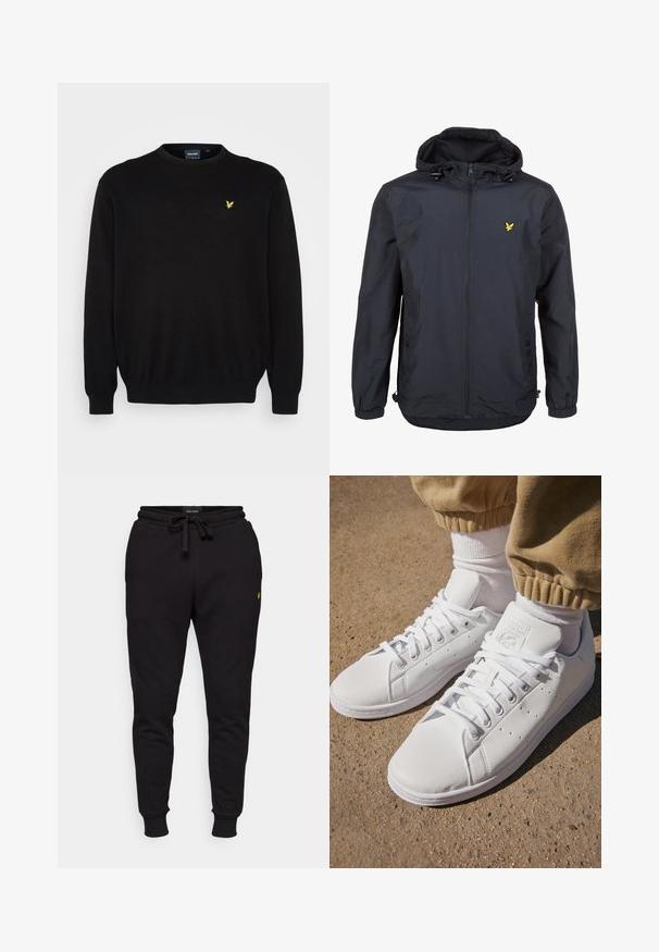 Casaco leve, de um tom azul marinho escuro, com capuz, fecho éclair na frente, cordões ajustáveis e um pequeno logótipo amarelo no lado esquerdo do peito. Tecido texturizado.; Sweater de malha preto com mangas longas e decote redondo. Apresenta um pequeno logotipo amarelo de águia no lado esquerdo do peito. Punhos e bainha elásticos.; Calças de jogging de algodão pretas com cintura elástica, cordão e punhos canelados. Apresenta um pequeno logo amarelo na coxa esquerda.; Sapatilhas brancas de couro com uma superfície suave, apresentando um design clássico com atacadores, perfurações para respirabilidade e uma sola de borracha texturizada.