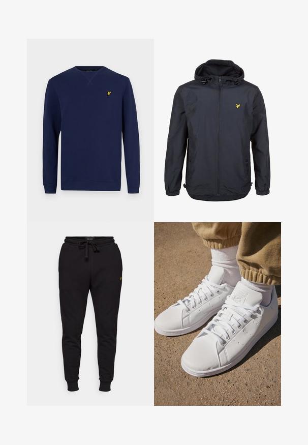 Könnyű, sötét navy kék dzseki kapucnival, cipzáras elejével, állítható zsinórokkal és egy kis sárga logóval a bal mellrészen. Texturált anyag.; Tengerész kék pulóver hosszú ujjakkal, kerek nyakú, és egy kis sárga hímzett logóval a mellkasán. Puha pamut anyagból készült.; Fekete pamut jogger nadrág rugalmas derékkal, zsinórral és bordázott mandzsettákkal. Bal combján egy kis sárga logó található.; Fehér bőr sportcipők sima felülettel, klasszikus fűzős kialakítással, perforációkkal a légáteresztés érdekében és texturált gumitalppal.