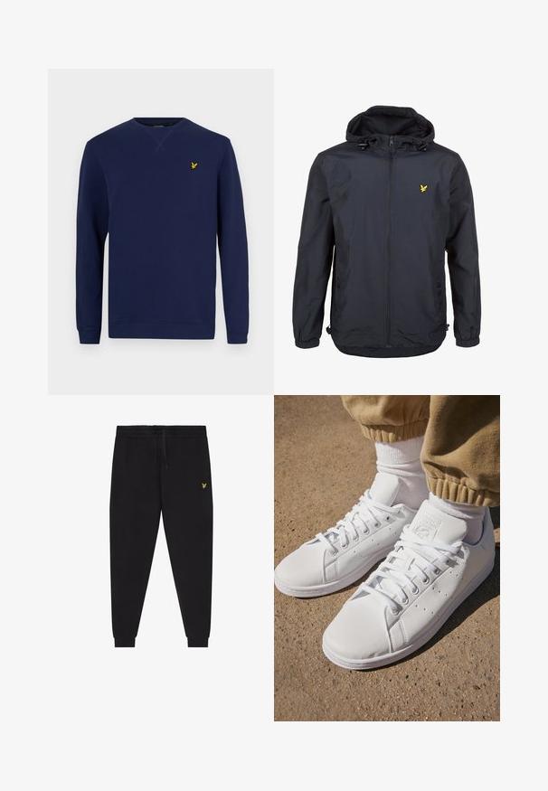 Lehká, tmavě modrá bunda s kapucí, zipem vpředu, nastavovacími šňůrkami a malým žlutým logem na levé hrudi. Texturovaná tkanina.; Námorně modrá mikina s dlouhými rukávy, kulatým výstřihem a malým žlutým vyšitým logem na hrudi. Vyrobena z měkkého bavlněného materiálu.; Černé teplákové kalhoty s elastickým pasem a stahovací šňůrkou, zúžené nohavice s manžetami a malým žlutým vyšívaným logem na pravém stehně.; Bílé kožené tenisky s hladkým povrchem, které mají klasický design na šněrování, perforace pro prodyšnost a jemně strukturovanou gumovou podrážku.