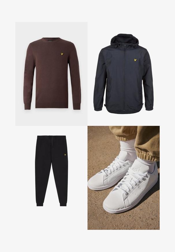 Lichte, donkerblauwe jas met capuchon, ritssluiting aan de voorkant, verstelbare trekkoorden en een klein geel logo op de linkerborst. Gestructureerde stof.; Bruine trui gemaakt van zachte gebreide stof, met een ronde halslijn en lange mouwen. Borduurwerk van een gele vogel op de borst als accent.; Zwarte joggingsbroek met elastische taille en trekkoord, taps toelopende pijpen met boorden en een klein geel geborduurd logo op de rechterdij.; Witte leren sneakers met een gladde oppervlakte, met een klassieke vetersluiting, perforaties voor ademend vermogen en een gestructureerde rubberen buitenzool.