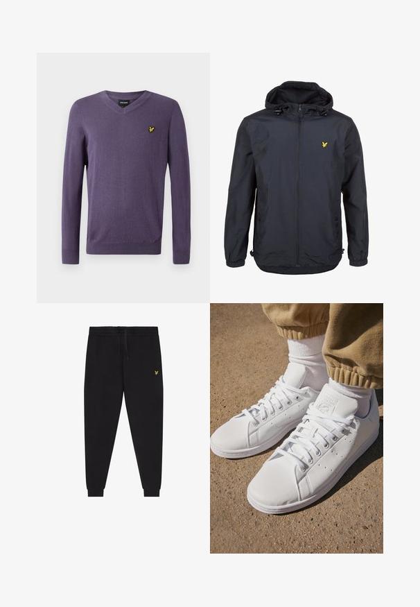 Casaco leve, de um tom azul marinho escuro, com capuz, fecho éclair na frente, cordões ajustáveis e um pequeno logótipo amarelo no lado esquerdo do peito. Tecido texturizado.; Sweater roxo em V feito de tecido macio, com mangas longas e um pequeno logótipo dourado de um pássaro no lado esquerdo do peito.; Calças jogger pretas com cintura elástica e cordão, pernas afuniladas com punhos e pequeno logótipo amarelo bordado na coxa direita.; Sapatilhas brancas de couro com uma superfície suave, apresentando um design clássico com atacadores, perfurações para respirabilidade e uma sola de borracha texturizada.