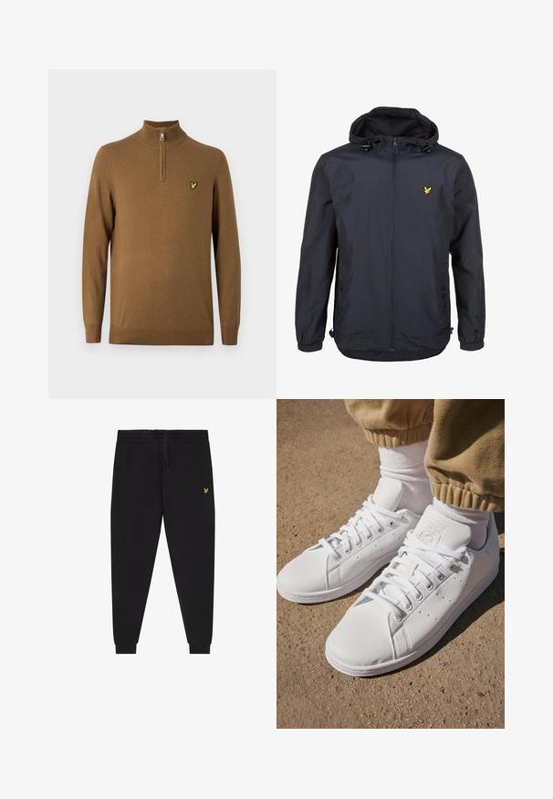 Giacca leggera di un elegante blu navy scuro con cappuccio, chiusura con zip, cordini regolabili e un piccolo logo giallo sul petto sinistro. Tessuto testurizzato.; Lyle & Scott QUARTER ZIP - Maglione - wild nettle; Pantaloni jogger neri con vita elasticizzata e coulisse, gambe affusolate con polsini e piccolo logo giallo ricamato sulla coscia destra.; Sneakers bianchi in pelle con superficie liscia, caratterizzati da un classico design con lacci, perforazioni per la traspirabilità e una suola in gomma testurizzata.