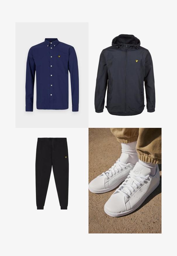 Kerge, tume navy sinine jakk kapuutsiga, tõmblukuga esipaneel, reguleeritavad nöörid ja väike kollane logo vasakul rindkere kohal. Tekstureeritud kangas.; Tumesinine pika varrukaga särk, mis on valmistatud puuvillast, kahe nupuga krae, eesmine tasku ja rindkerel väike kollane logo.; Mustad jooksupüksid elastse vöökohaga ja nööriga, kitsenevate sääreosadega, millel on mansetid, ning väike kollane tikitud logo paremal reiel.; Valged nahast tossud siledal pinnal, klassikalise paeltega kinnitusega, ventilatsiooni jaoks perforatsioonide ning tekstureeritud kummist välispinnaga.