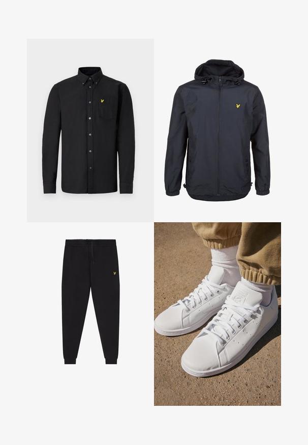 Lengvas, tamsiai mėlynos spalvos švarkas su kapišonu, užtrauktuku priekyje, reguliuojamomis virvėmis ir mažuoju geltonu logotipu kairėje krūtinės pusėje. Textūruota medžiaga.; Juodas ilgomis rankovėmis marškinėliai su mygtukų priekiniu apykakle, priekinė kišenė ir geltona logotipo emblema. Medvilninė medžiaga su lygiu tekstūru ir įprastu prigludimu.; Juodos jogger stiliaus kelnės su elastinga juosmens juosta ir raišteliu, siaurėjančiomis kojų dalimis su apačios manžetėmis ir mažu geltonu siuvinėtu logotipu dešinėje šlaunyje.; Balti odiniai sportbačiai su lygia paviršiumi, pasižymintys klasikiniu raištelių dizainu, perforacijomis, užtikrinančiomis oro pralaidumą, ir tekstūra guminėmis padangomis.