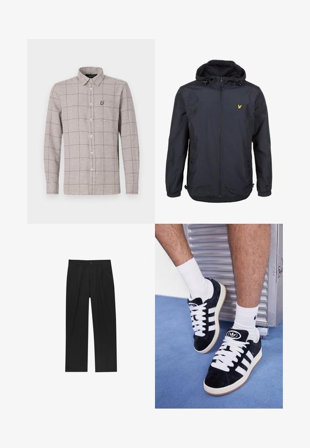 Lichte, donkerblauwe jas met capuchon, ritssluiting aan de voorkant, verstelbare trekkoorden en een klein geel logo op de linkerborst. Gestructureerde stof.; Geruite button-up shirt in beige en bruin, met lange mouwen, kraag, en een klein geborduurd logo op de bovenste zak.; Zwarte broeken met een recht model, gemaakt van een gladde stof. Voorzien van een voorplooien en een enkele knoopsluiting bij de taille.; Zwarte suède sneakers met witte veters en drie witte strepen. Heeft een cirkelvormig zwart logo op de tong en een gumrubberen zool.