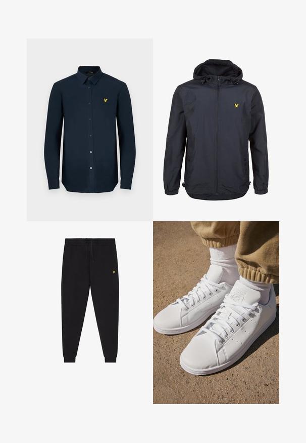 Chaqueta ligera de color azul marino oscuro con capucha, cierre frontal con cremallera, cordones ajustables y un pequeño logo amarillo en el lado izquierdo del pecho. Tejido texturizado.; Camisa de manga larga azul marino hecha de una tela suave, con un frente abotonado, collar puntiagudo y un pequeño logotipo amarillo bordado en el pecho.; Pantalones jogger negros con cintura elástica y cordón, piernas ajustadas con puños y un pequeño logo amarillo bordado en el muslo derecho.; Zapatillas de cuero blanco con superficie lisa, que presentan un diseño clásico de cordones, perforaciones para la transpirabilidad y una suela exterior de goma texturizada.