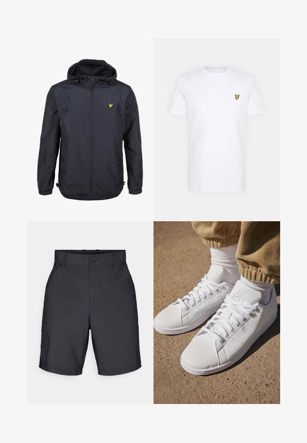 Casaco leve, de um tom azul marinho escuro, com capuz, fecho éclair na frente, cordões ajustáveis e um pequeno logótipo amarelo no lado esquerdo do peito. Tecido texturizado.; T-shirt de algodão branco com um pequeno logótipo bordado em preto e amarelo no lado esquerdo do peito. Mangas curtas e decote redondo.; Calções de banho pretos com uma textura suave, cintura elástica com fecho de botão e um design simples e straight-cut.; Sapatilhas brancas de couro com uma superfície suave, apresentando um design clássico com atacadores, perfurações para respirabilidade e uma sola de borracha texturizada.