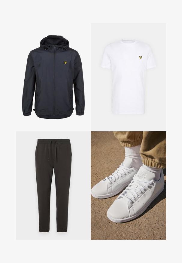 Lahka, temno modra jakna s kapuco, z zadrgo spredaj, nastavljivim vrvico in majhnim rumenim logotipom na levem prsnem delu. Teksturovana tkanina.; Bela bombažna majica s kratkimi rokavi, ki ima na levem prsnem delu majhno črno in rumeno vezeno logotip. Okrugli izrez.; Temne sive trenirke iz mehkega blaga, z elastiko v pasu in vrvico, zoženi nogi ter elastičnimi manšetami na gležnjih.; Beli usnjeni športni copati s gladko površino, z brezčasnim vezalnim dizajnom, perforacijami za zračnost in teksturiranim gumiranim podplatom.