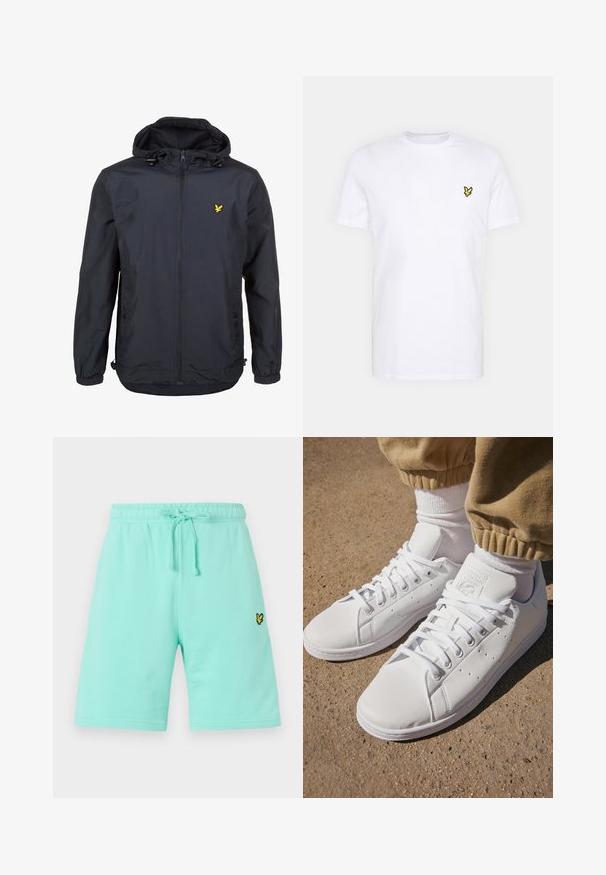 Ľahká, tmavomodrá bunda s kapucňou, zipsom na prednej strane, nastaviteľnými šnúrkami a malým žltým logom na ľavej strane hrude. Štruktúrovaná tkanina.; Biela bavlnená tričko s malým vyšívaným logom čiernej a žltej farby na pravej strane hrude. Krátke rukávy a okrúhly výstrih.; Svetlo mentolové bavlnené šortky s elastickým pásom a nastaviteľnou šnúrkou, s malým čierno-žltým logom na prednej strane.; Biele kožené tenisky s hladkým povrchom, disponujú klasickým šnurovacím dizajnom, perforáciami na priedušnosť a textúrovanou gumovou podrážkou.