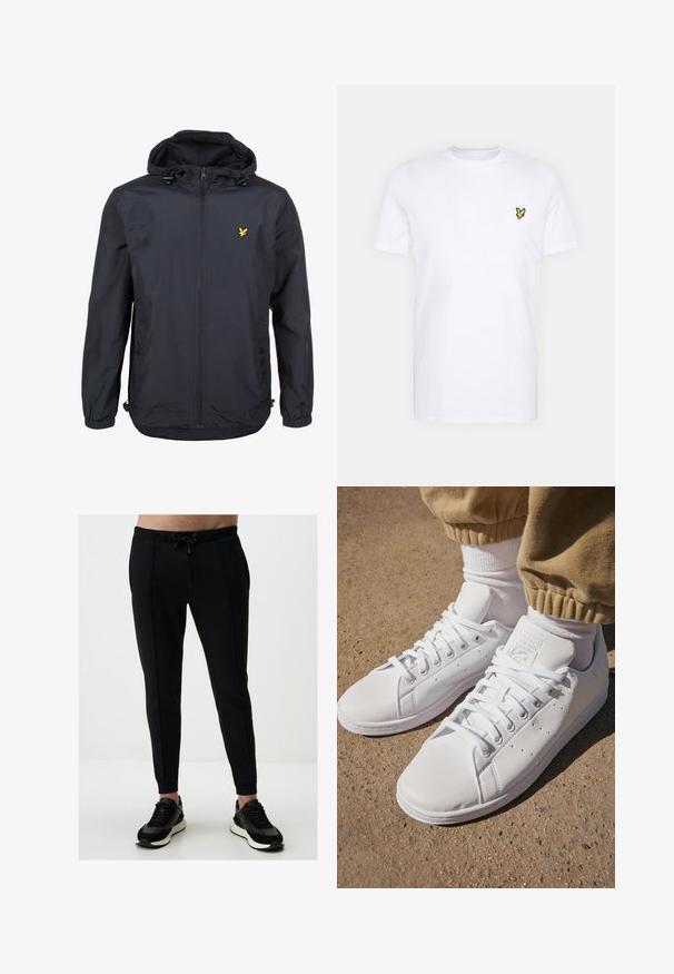 Leichtgewichtige, dunkelblaue Jacke mit Kapuze, Reißverschluss vorne, verstellbaren Kordeln und einem kleinen gelben Logo auf der linken Brust. Strukturiertes Gewebe.; Weißes Baumwoll-T-Shirt mit einem kleinen schwarzen und gelben gestickten Logo auf der linken Brust. Kurze Ärmel und ein Rundhalsausschnitt.; Schwarze Jogginghosen mit einem Kordelzugbund, Seitentaschen, tailliertem Design und gerippten Bündchen, kombiniert mit schwarzen Sneakers.; Weiße Leder-Sneaker mit einer glatten Oberfläche, klassischem Schnürdesign, Perforationen für Atmungsaktivität und einer strukturierten Gummisohle.
