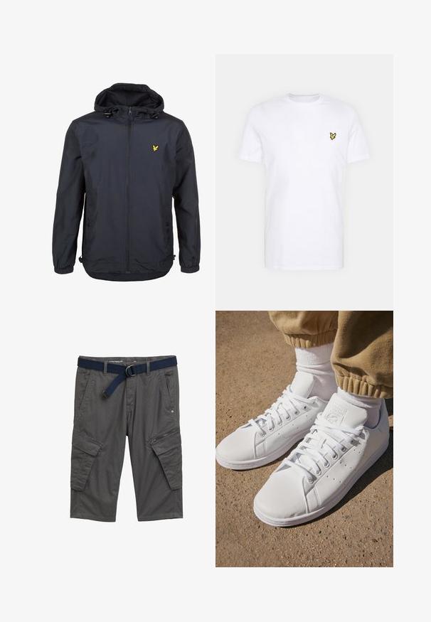 Leichtgewichtige, dunkelblaue Jacke mit Kapuze, Reißverschluss vorne, verstellbaren Kordeln und einem kleinen gelben Logo auf der linken Brust. Strukturiertes Gewebe.; Weißes Baumwoll-T-Shirt mit einem kleinen schwarzen und gelben gestickten Logo auf der linken Brust. Kurze Ärmel und ein Rundhalsausschnitt.; Graue Cargo-Shorts aus strukturiertem Stoff, mit mehreren Taschen und einem einfarbigen dunkelblauen Gürtel. Reißverschlussdetail an der Seitentasche.; Weiße Leder-Sneaker mit einer glatten Oberfläche, klassischem Schnürdesign, Perforationen für Atmungsaktivität und einer strukturierten Gummisohle.