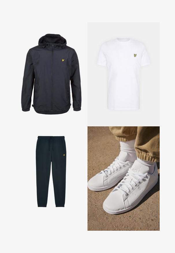 Giacca leggera di un elegante blu navy scuro con cappuccio, chiusura con zip, cordini regolabili e un piccolo logo giallo sul petto sinistro. Tessuto testurizzato.; T-shirt bianca in cotone con un piccolo logo ricamato nero e giallo sul lato sinistro del petto. Maniche corte e scollatura rotonda.; Pantaloni tuta blu scuro realizzati in tessuto morbido, con vita regolabile tramite cordoncino, gambe affusolate e un piccolo logo giallo sulla coscia sinistra.; Sneakers bianchi in pelle con superficie liscia, caratterizzati da un classico design con lacci, perforazioni per la traspirabilità e una suola in gomma testurizzata.