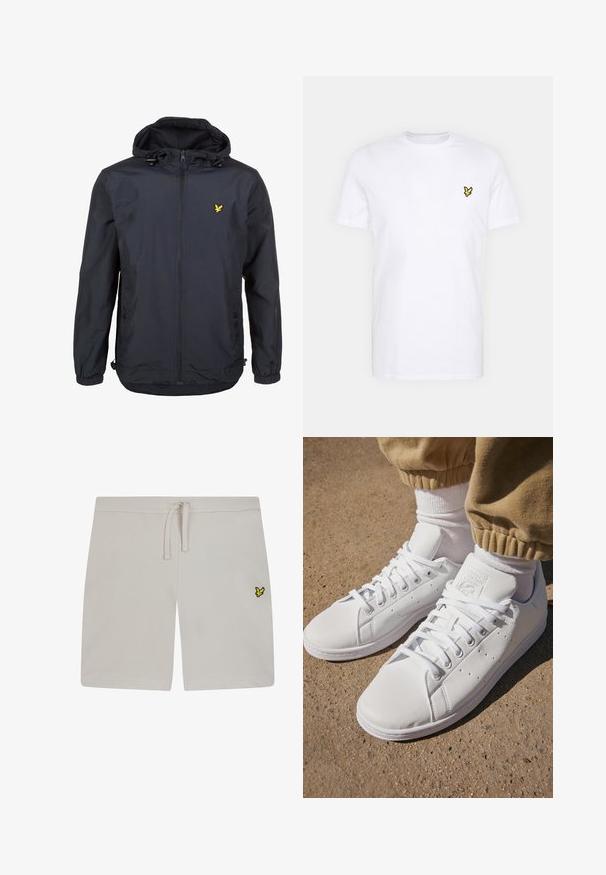 Giacca leggera di un elegante blu navy scuro con cappuccio, chiusura con zip, cordini regolabili e un piccolo logo giallo sul petto sinistro. Tessuto testurizzato.; T-shirt bianca in cotone con un piccolo logo ricamato nero e giallo sul lato sinistro del petto. Maniche corte e scollatura rotonda.; Pantaloncini in cotone grigio chiaro con fascia elastica in vita e coulisse. Presentano un piccolo logo giallo sul lato sinistro. Texture liscia.; Sneakers bianchi in pelle con superficie liscia, caratterizzati da un classico design con lacci, perforazioni per la traspirabilità e una suola in gomma testurizzata.