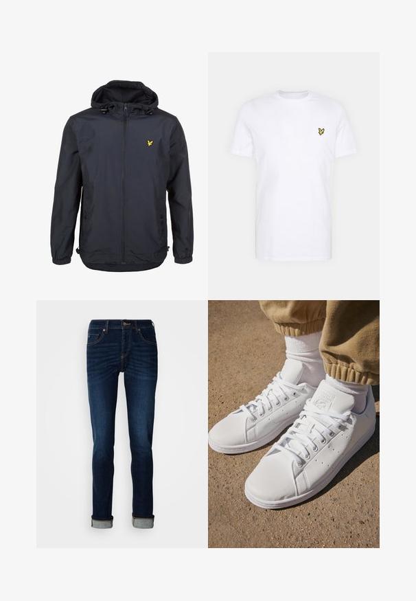 Lagani, tamnoplavi kaput s kapuljačom, zatvaračem sprijeda, podesivim kabelima i malim žutim logotipom na lijevoj strani prsnog koša. Tekstura tkanine.; Bijela pamučna majica s malim crnim i žutim izvezenim logotipom na lijevoj strani prsnog koša. Kratki rukavi i okrugli izrez.; Tamno plave traperice s ravnim nogavicama, zatvaračem i obrubljenim rubovima. Izrađene od denima s laganim izbljeđivanjem i kontrastnim šavovima.; Bijele kožne tenisice s glatkom površinom, klasičnog dizajna s vezicama, s perforacijama za prozračnost i teksturiranim gumenim potplatom.