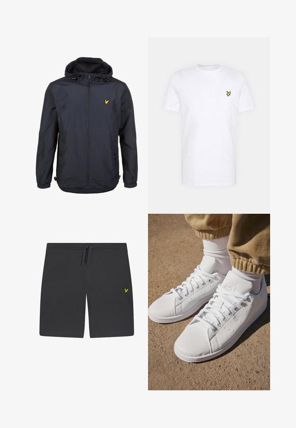Lengvas, tamsiai mėlynos spalvos švarkas su kapišonu, užtrauktuku priekyje, reguliuojamomis virvėmis ir mažuoju geltonu logotipu kairėje krūtinės pusėje. Textūruota medžiaga.; Balta medvilnės marškinėliai su mažu juodu ir geltonu išsiuvinėtu logotipu kairėje krūtinės pusėje. Trumpi rankovės ir apvalus kaklas.; Juodi medvilniniai šortai su tampria juosmens juosta ir raišteliais, apatiniame kairiajame krašte – mažas geltonas logotipas.; Balti odiniai sportbačiai su lygia paviršiumi, pasižymintys klasikiniu raištelių dizainu, perforacijomis, užtikrinančiomis oro pralaidumą, ir tekstūra guminėmis padangomis.