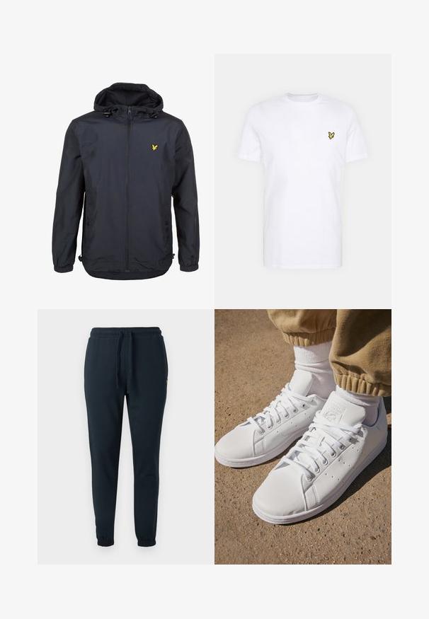 Lett, mørk marineblå jakke med hette, glidelåslukking, justerbare snorer og en liten gul logo på venstre bryst. Teksturert stoff.; Hvit bomulls T-skjorte med en liten svart og gul brodert logo på venstre bryst. Korte ermer og rund hals.; Mørkeblå joggebukser laget av bomullsblanding, med elastisk midjebånd med snor og mansjetter ved ankler. Liten gul logodetalj.; Hvite lær sneakers med en glatt overflate, med et klassisk snøresystem, perforeringer for pusteevne, og en teksturert gummiyttersåle.