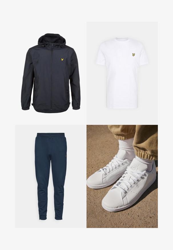 Lightweight, dark navy jacket with a hood, zippered front, adjustable drawstrings, and a small yellow logo on the left chest. Textured fabric.; White cotton T-shirt featuring a small black and yellow embroidered logo on the left chest. Short sleeves and a crew neckline.; Navy blue sweatpants made of soft fabric with an elastic waistband, featuring a small yellow logo on the side and tapered leg design.; White leather sneakers with a smooth surface, featuring a classic lace-up design, perforations for breathability, and a textured rubber outsole.