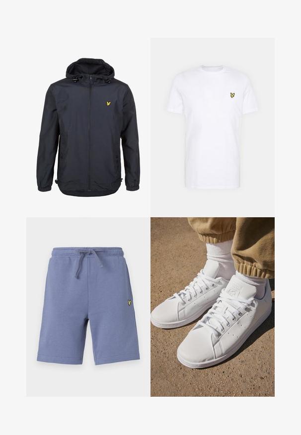 Letvægts, mørk navy jakke med hætte, lynlåslukning, justerbare snore og et lille gult logo på venstre bryst. Struktureret stof.; Hvid bomulds T-shirt med et lille sort og gult broderet logo på venstre bryst. Korte ærmer og rund halsudskæring.; Lyseblå bomuldsshorts med elastisk taljebånd, snøre til justering og lille gul logo på venstre ben. Glat tekstur, knælængde.; Hvide lædersneakers med en glat overflade, der har et klassisk snørebånddesign, perforeringer for åndbarhed og en tekstureret gummisål.