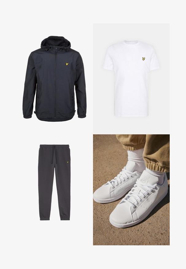 Viegls, tumši zilas krāsas jaka ar kapuci, ar rāvējslēdzēju priekšā, pielāgojamām auklām un mazu dzeltenu logotipu kreisajā krūtī. Strukturēta auduma.; Baltas kokvilnas T-krekls ar mazu melnu un dzeltenu izšuvumu, kas atrodas kreisajā krūšu daļā. Īsas piedurknes un apaļa kakla izgriezums.; Tumši pelēki sporta bikses, kas izgatavotas no mīksta auduma, ar elastīgu jostu un auklu, ar piedurknēm apakšā un mazu dzeltenu logotipu kreisajā augšstilbā.; Baltas ādas sporta apavi ar gludu virsmu, ar klasisku šņorēšanas dizainu, ar perforējumiem gaisa caurlaidībai un teksturētu gumijas zoli.