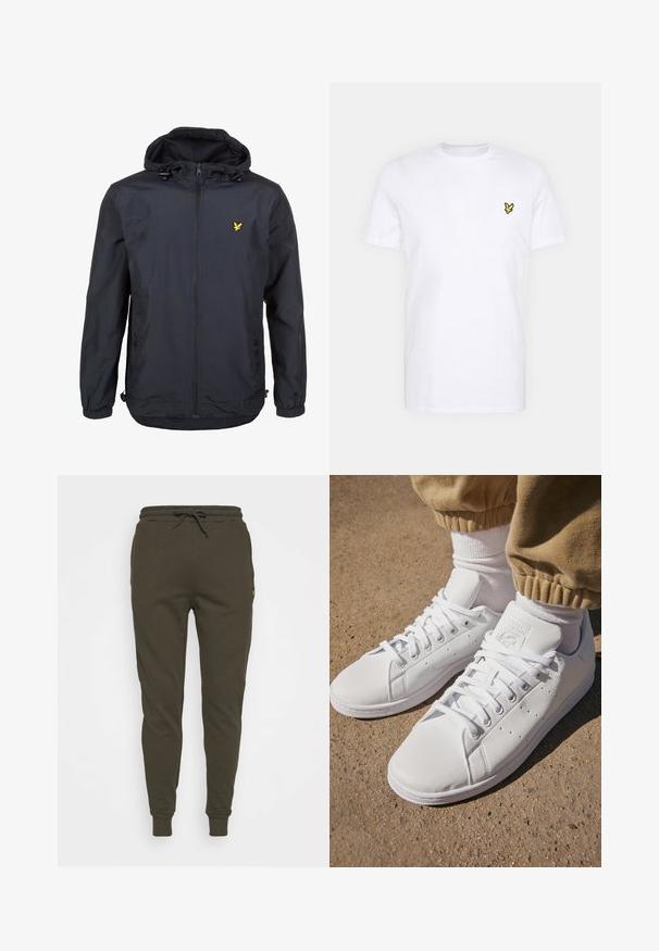 Viegls, tumši zilas krāsas jaka ar kapuci, ar rāvējslēdzēju priekšā, pielāgojamām auklām un mazu dzeltenu logotipu kreisajā krūtī. Strukturēta auduma.; Baltas kokvilnas T-krekls ar mazu melnu un dzeltenu izšuvumu, kas atrodas kreisajā krūšu daļā. Īsas piedurknes un apaļa kakla izgriezums.; Tumši olīvzaļie sporta bikses ar regulējamu jostu, sašaurinātu kāju dizainu un nelielu logotipa detaļu sānos. Mīksts, flīsa materiāls.; Baltas ādas sporta apavi ar gludu virsmu, ar klasisku šņorēšanas dizainu, ar perforējumiem gaisa caurlaidībai un teksturētu gumijas zoli.