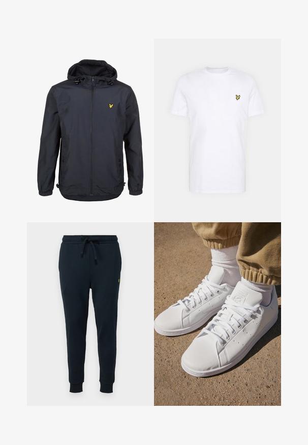 Casaco leve, de um tom azul marinho escuro, com capuz, fecho éclair na frente, cordões ajustáveis e um pequeno logótipo amarelo no lado esquerdo do peito. Tecido texturizado.; T-shirt de algodão branco com um pequeno logótipo bordado em preto e amarelo no lado esquerdo do peito. Mangas curtas e decote redondo.; Calças de treino azul-marinho feitas de algodão suave. Apresentam um cós elástico com cordão, pernas ajustadas e punhos canelados. Pequeno logótipo junto ao quadril.; Sapatilhas brancas de couro com uma superfície suave, apresentando um design clássico com atacadores, perfurações para respirabilidade e uma sola de borracha texturizada.