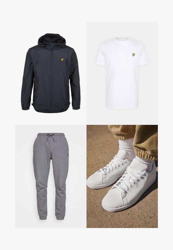 Lahka, temno modra jakna s kapuco, z zadrgo spredaj, nastavljivim vrvico in majhnim rumenim logotipom na levem prsnem delu. Teksturovana tkanina.; Bela bombažna majica s kratkimi rokavi, ki ima na levem prsnem delu majhno črno in rumeno vezeno logotip. Okrugli izrez.; Sive bombažne trenirke z elastičnim pasom, vrvico, stranskimi žepi in majhnim rumenim logotipom na stegnu. Oblika nogavitev je ožja.; Beli usnjeni športni copati s gladko površino, z brezčasnim vezalnim dizajnom, perforacijami za zračnost in teksturiranim gumiranim podplatom.