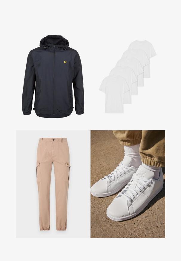 Casaco leve, de um tom azul marinho escuro, com capuz, fecho éclair na frente, cordões ajustáveis e um pequeno logótipo amarelo no lado esquerdo do peito. Tecido texturizado.; Seis T-shirts brancas de algodão com mangas curtas e decote redondo dispostas em fila, apresentando uma textura suave e sem padrões visíveis.; Calças cargo bege com um corte slim, apresentando dois bolsos laterais e punhos elásticos. Tecido de algodão suave, design liso sem padrões.; Sapatilhas brancas de couro com uma superfície suave, apresentando um design clássico com atacadores, perfurações para respirabilidade e uma sola de borracha texturizada.